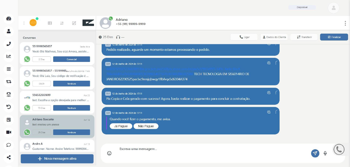 Dashboard profissional WhatsApp Business API com conversas ativas e métricas de atendimento